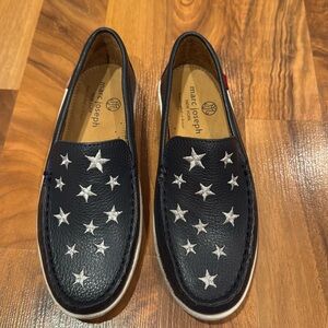 Marc Joseph New York leather loafer, navy embroidered stars, size 1 casual dress
